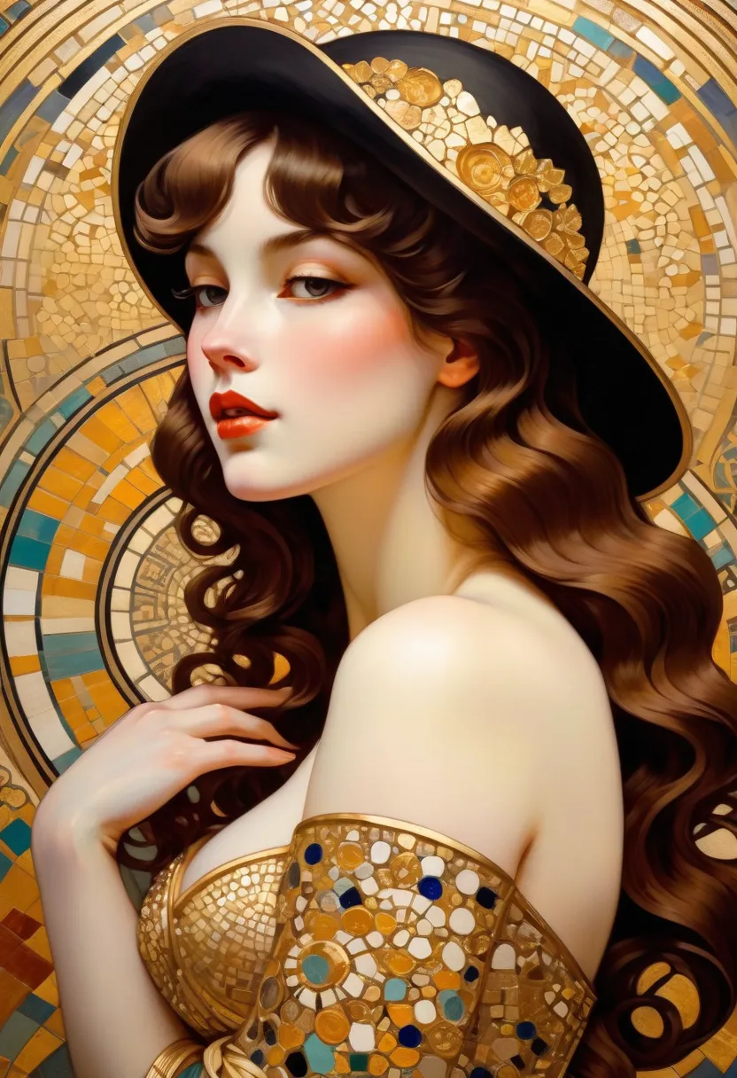 Fine art, oil painting, thick brush strokes, an elegant lady lost in her dreams, inspired by [Gustav Klimt | Pablo Picasso | Gil Elvgren], hat, eye-catching wall deco, Art Nouveau, Byzantine mosaics, gold accents, elegance, sophistication, classy, ​​highly...