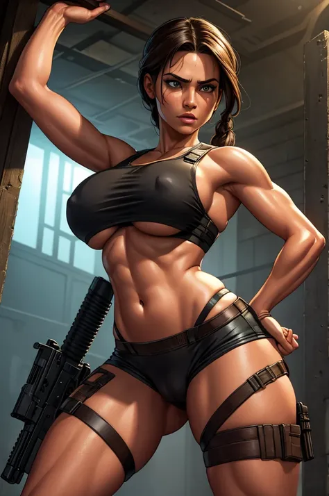 croptop, 1girl, Lara Croft, guns akimbo, underboob, cameltoe, detailed portrait of Lara Croft wearing a revealing croptop, high-waisted shorts, and holding dual pistols in an akimbo pose, underboob and cameltoe visible, photorealistic, HDR, 8K, cinematic l...