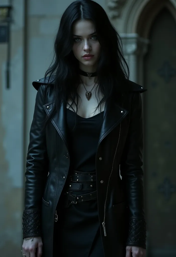 Adult woman with black hair, finely detailed eyes, bracelet looking at the viewer, Alone, Detailed face, dark black and rough leather clothing,  Gothic scenery, criterion, disguised, night, shadows, Beautiful mulatto woman ,  mouth shut,  pale white skin ,...