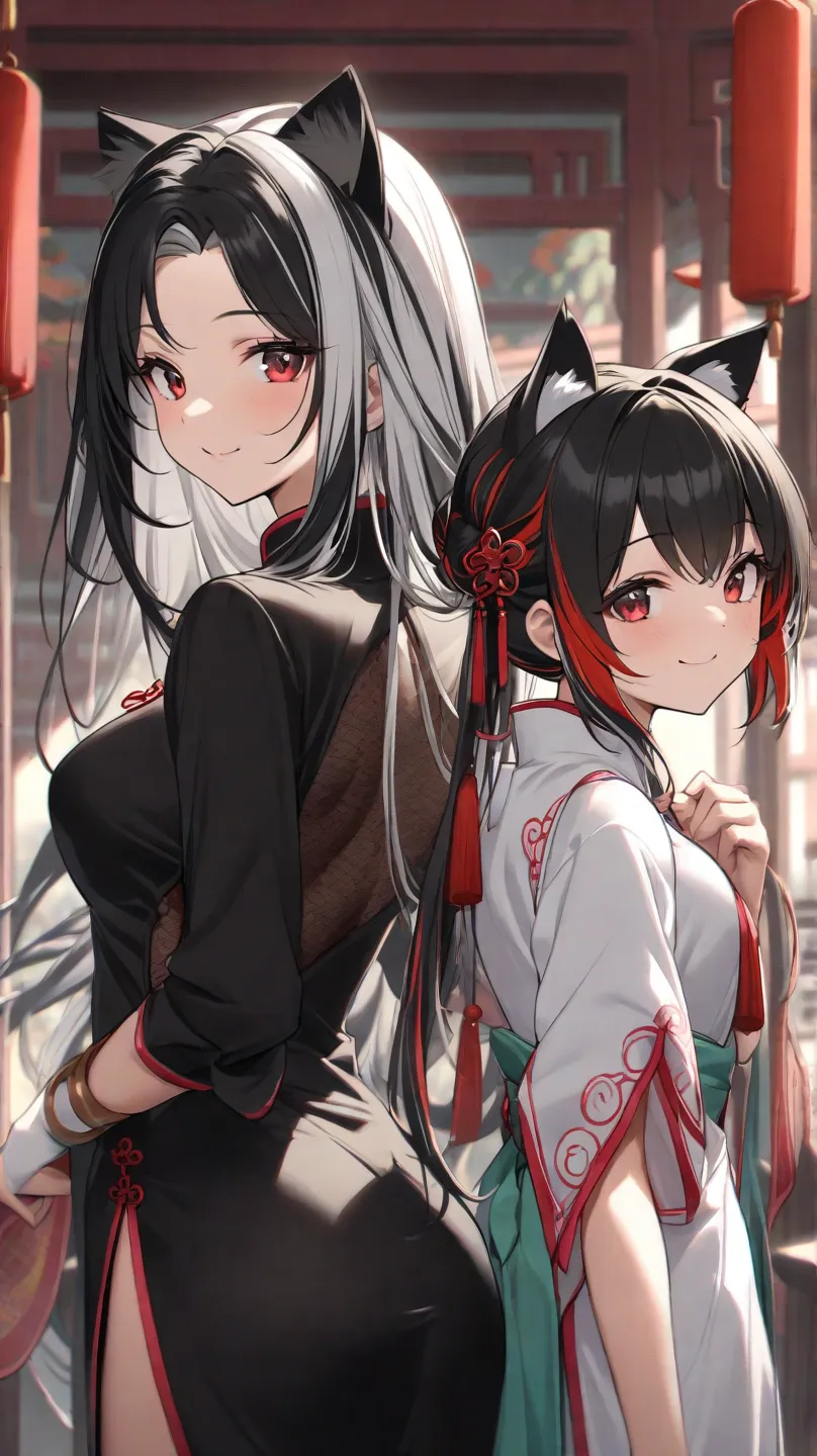 (two-tone hair:1.5), (silver and black hair)Black cat ears girl、Scarlet Eyes、long lashes、bungs、kind smile、Chinese dress with a shrine maiden、sexy shot from the side on the back