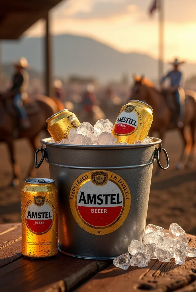 beer bucket with canned Amstel beer and ice inside a wooden table with rodeo playing in the background 