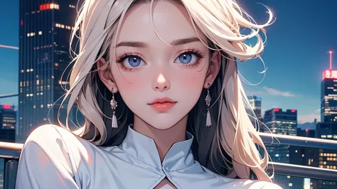 Bright daytime sky　Skyscrapers are illuminated by blue skies、The sky is clear、clouds are shining brightly above the cityscape。A skyscraper with reflective windows captures the city lights。use a bright blue palette for the sky、　女性のface up写真　face up　Front fa...