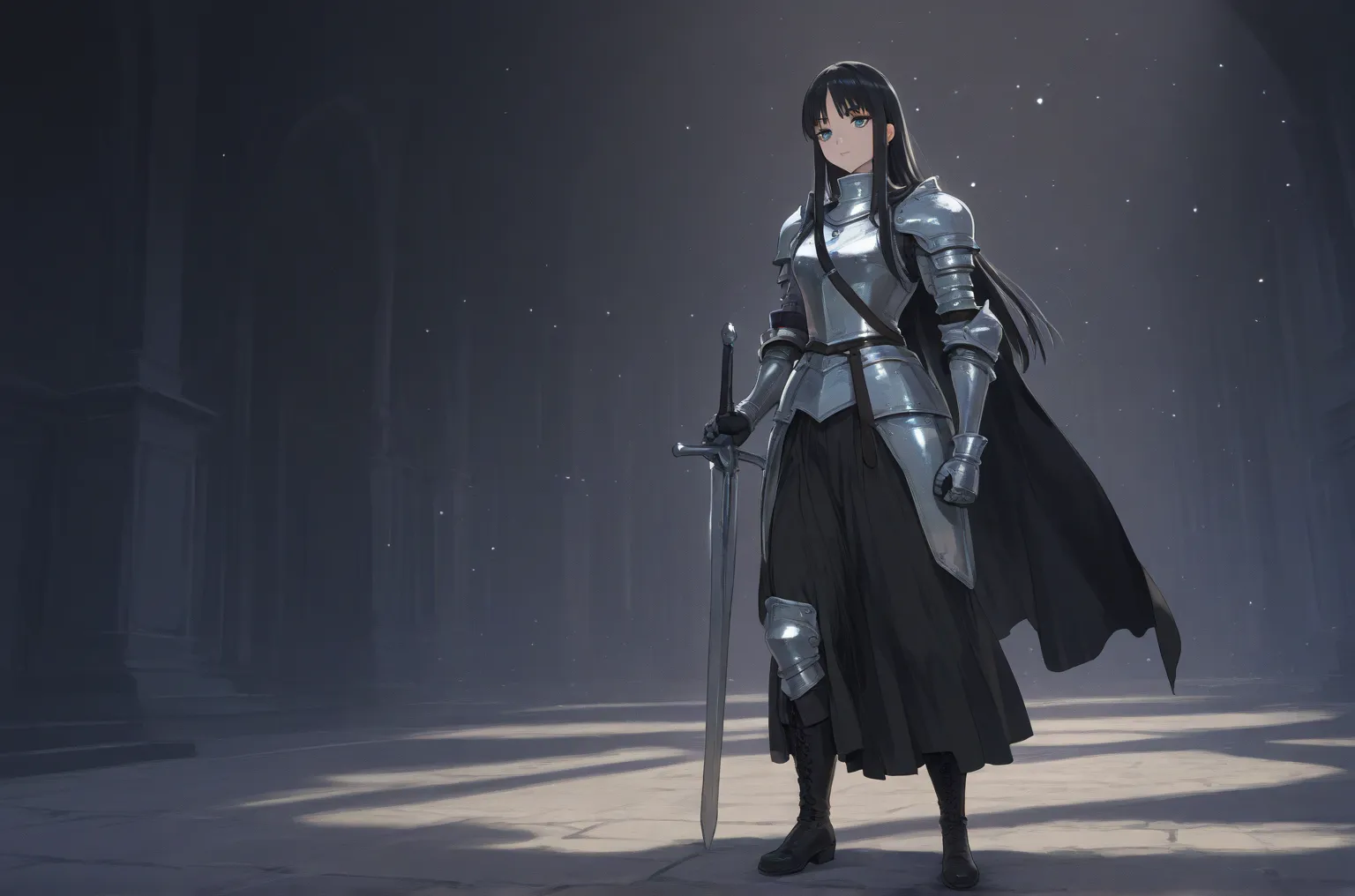 A girl with long black hair, bangs, straight hair, anime character, manga character, perfect features, blue eyes, tall, beautiful body, medieval warrior outfit, cape and sword, she wears a white schoolgirl skirt, has metal armor on her arms and chest, defi...