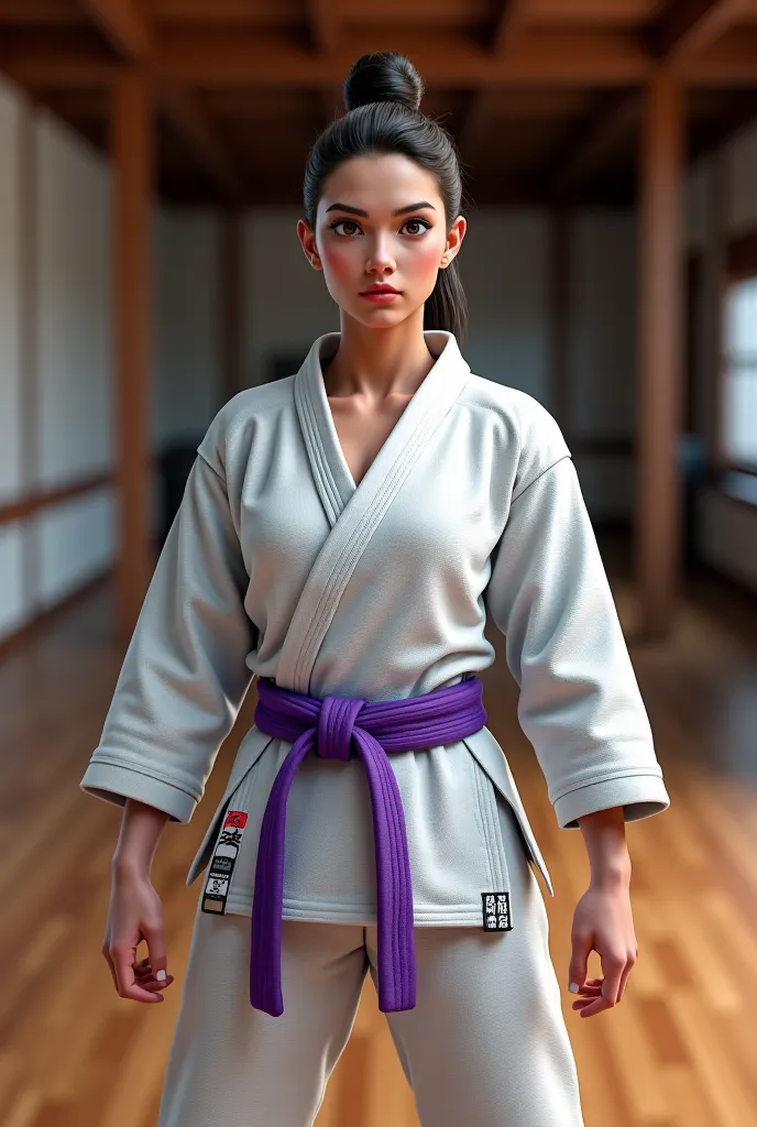 Woman wearing a jiu-jitsu outfit and a purple jiu-jitsu belt 