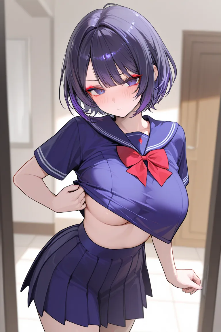 beautiful girl with short dark indigo hair, bangs, blue purple eyes, wearing red eyeliner, wearing tight school uniform, no bra big boob sly expression, slight blush, classrom baground