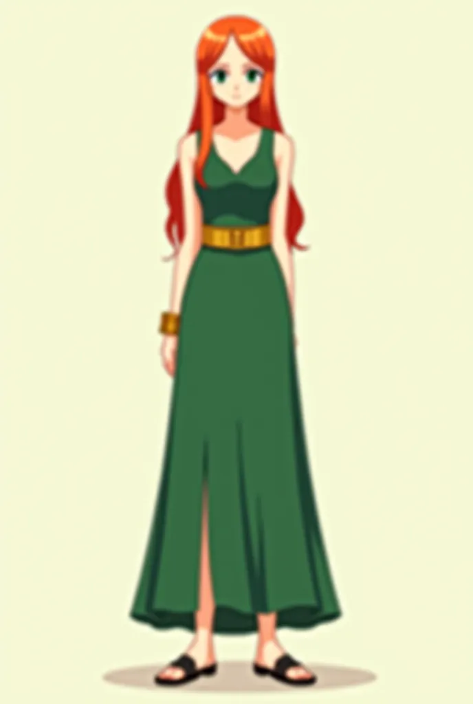 Create a tall woman, white-skinned, green eyes, long red orange hair, wearing a green sleeveless medieval dress with two slits on the legs and a v-neck on the chest with a golden waistband from and advice, Closed shoe and gold tmb bracelets in the art styl...