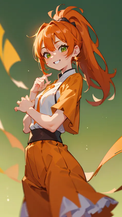 (masterpiece、top quality)、絶妙なDetails、8k、sharp focus、(Bokeh) (top quality) (Skin refinement :1.3 ) (絶妙なDetails) (8k) (Details) (anime)、  orange-themed clothes、orange hair、ponytail、Glowing green eyes、Bold Poses、cowboy shot、smile、Green background