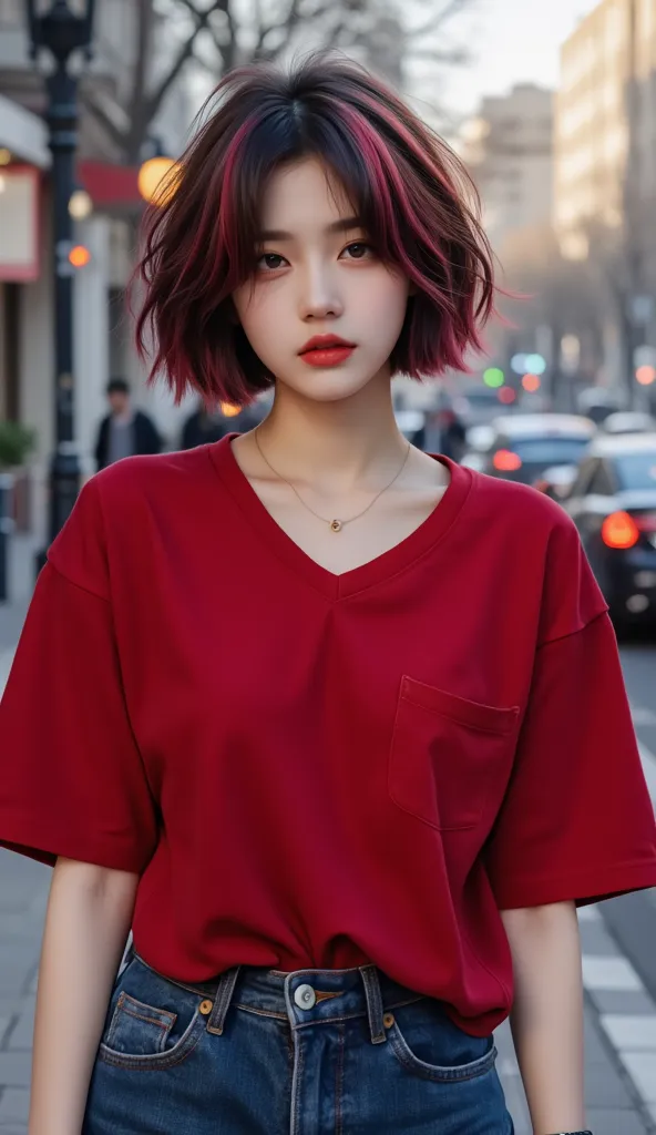 jisoo, soft red and black hair dye short emo hairstyle, wears a classic soft red v neck bigsized t-shirt, paired with comfortable jeans or a skirt, mid-ranged, on street, detailed portrait, photorealistic, professional photography, studio lighting, sharp f...