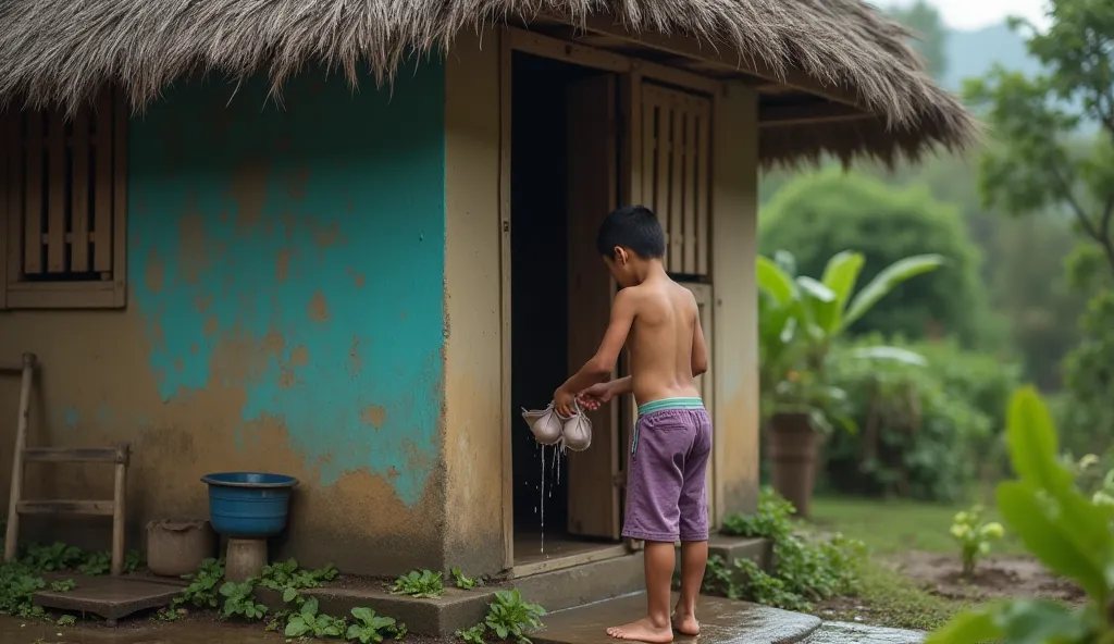  Javanese waqah boy washing his bra in front of the bathroom outside the house