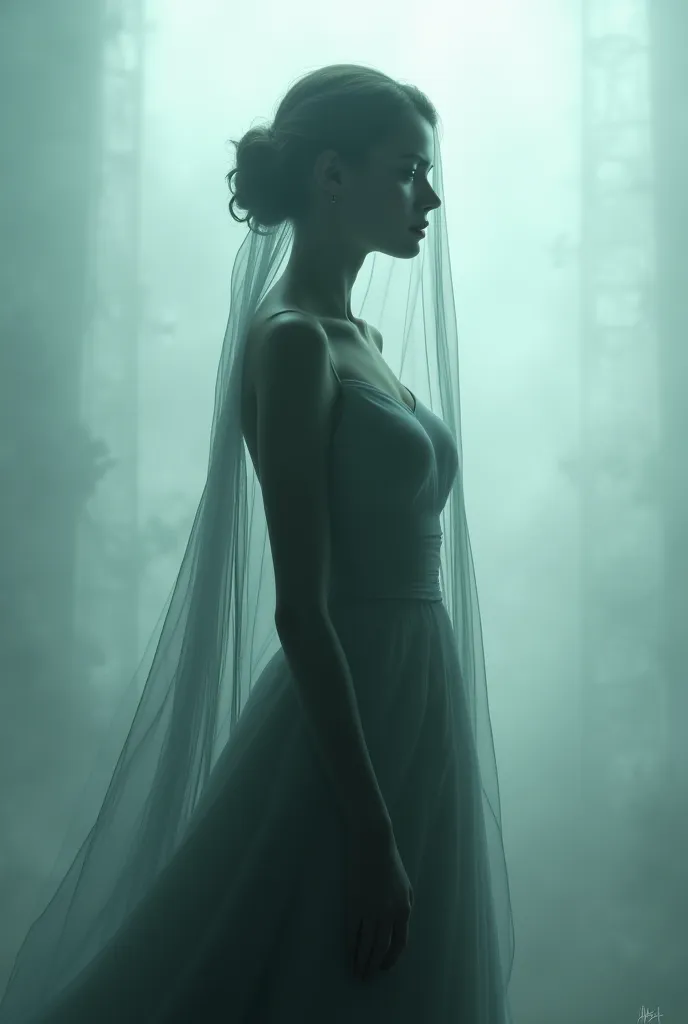 Silhouette of a black woman in a veil behind the mist 