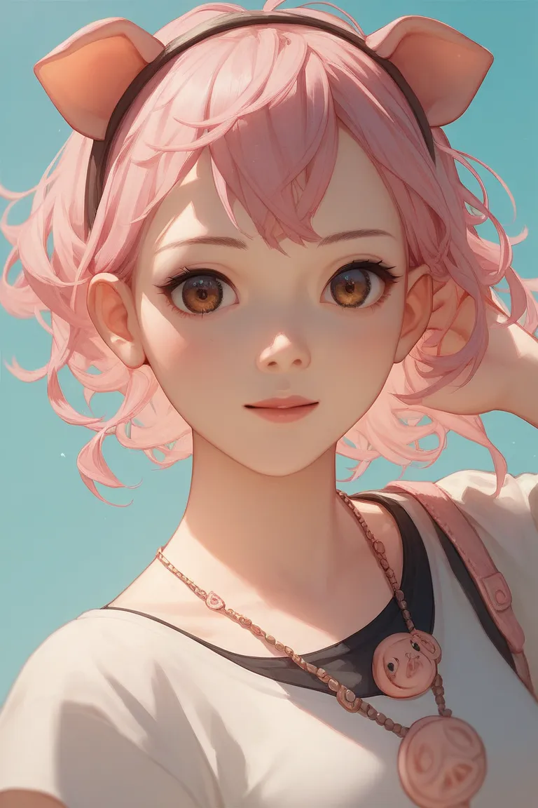 Anime girl-chan, pink hair, Brown eyes,  Pig based anime girl casual outfit、pig based anime clothes., pig ears on the head、pig motif, plain background, pig based anime girl, wallpaper, pig aesthetic, anime pig 