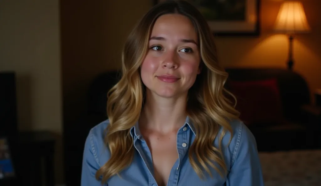 The image features a young woman with long, wavy light brown hair and fair skin, wearing a blue button-up shirt. She has a soft, neutral expression with a slight smile. Her eyes are bright, and she appears to be looking directly ahead. The background is di...