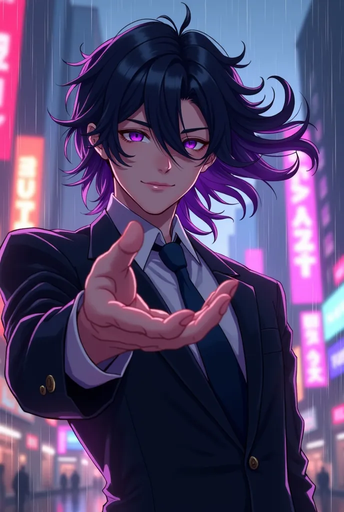 A handsome guy with black and purple wavy long hair in a formal suit, with a sweet face, holding out his hand with his palm up to the viewer, there is a neon city in the background and it's raining, view from bottom to top, Hair develops in the wind