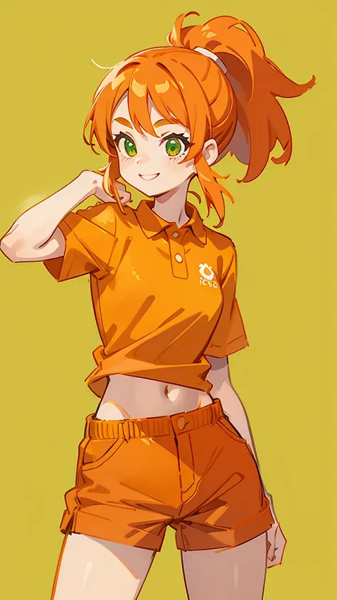 one girl、solo、Anime-style paintings、Orange polo shirt、 orange hotpants 、orange hair、ponytail、Glowing green eyes、Bold Poses、cowboy shot、smile、Green background