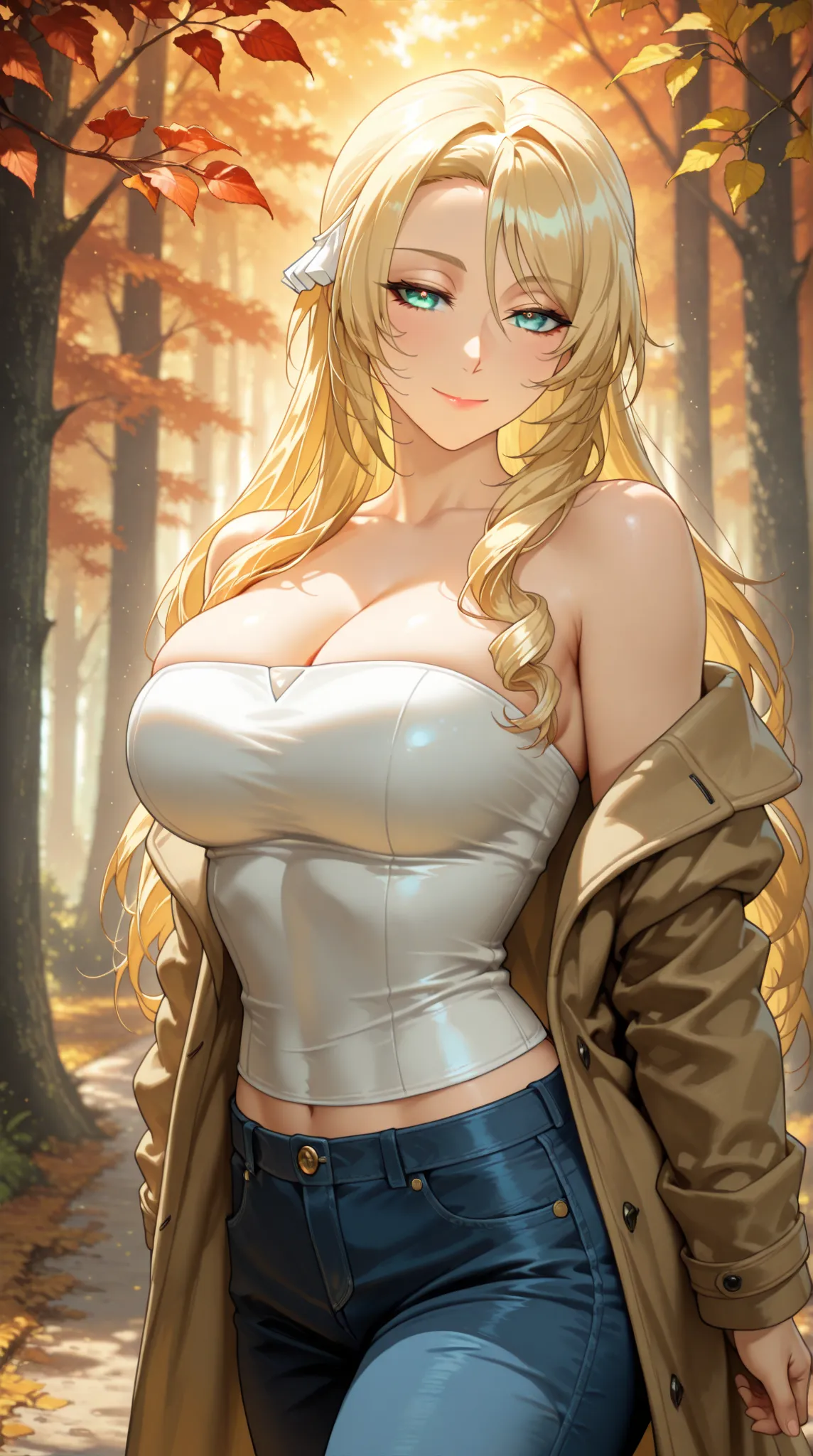 masterpiece, best quality, very aesthetic, Enchanting Eyes, JeddtlIL, 1girl, solo, seductive smile, closed mouth, large breasts, Paladin, blonde hair, long hair, aqua eyes, brown overcoat, open coat, off shoulder, bare shoulders, strapless shirt, sleeveles...