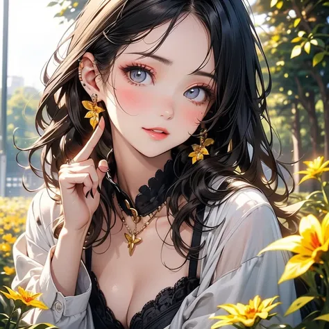 ((masterpiece)), ( Premium Quality ))), Very detailed ,   Sexy Charming Woman Sweating  , ( very delicate beautiful face ), (   every detail ), Chest覆蓋著花瓣 , ( 豐滿Chest ,    Dark Hair、long hair、Straight Hair ),   特寫Chest  ,    close-up face   ,      Complex ...