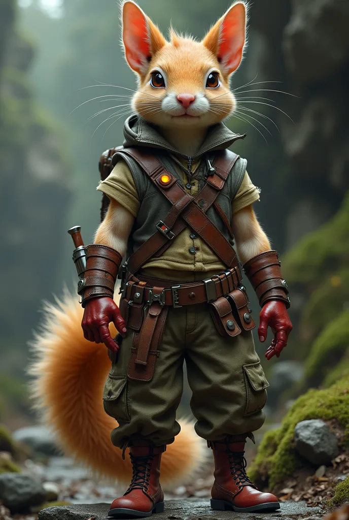 A hyper-realistic Ratatosk character from D&D, designed as a Planar ranger inspired by Dorothy from The Wizard of Oz. She has the agile form of a flying squirrel with a bushy tail, wearing iconic red boots like Dorothy's. Her attire is a mix of rugged rang...