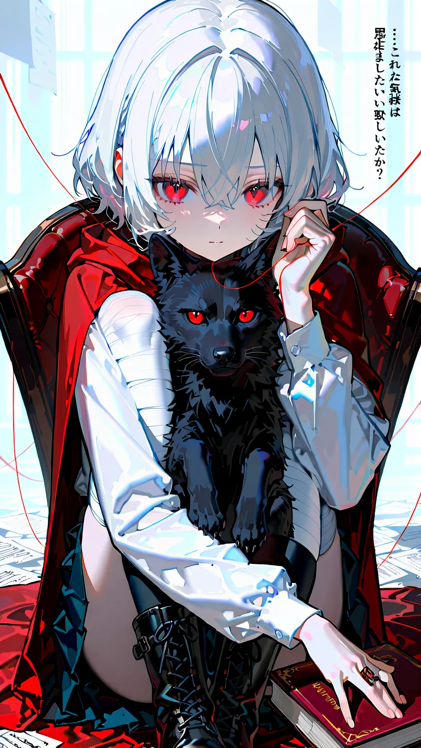 ((girl hugging black wolf with red eye)), masterpiece, best quality, ultra detailed, score_9, score_8_up, score_7_up, score_6_up, score_5_up, score_4_up, ancient painting with silver frame, 1girl, (red thread as if manipulative everything), masterpiece, be...