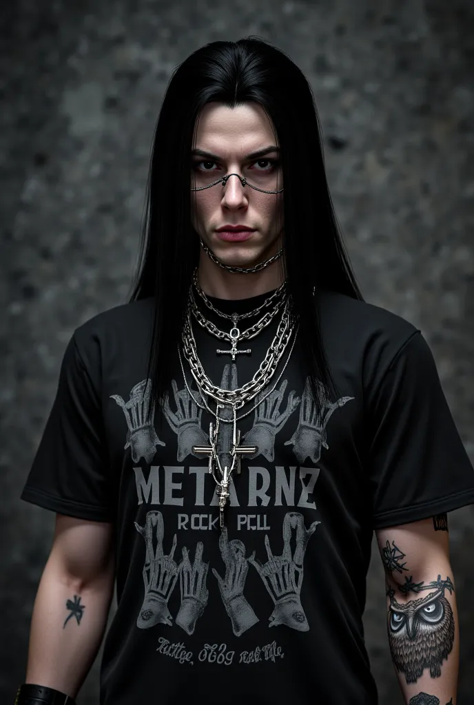 detailed description:

The image features a close-up of a person, apparently a computer-generated avatar or character, with a style strongly influenced by the gothic and metal aesthetic. The character has long black hair, combed backwards, and he sports a ...