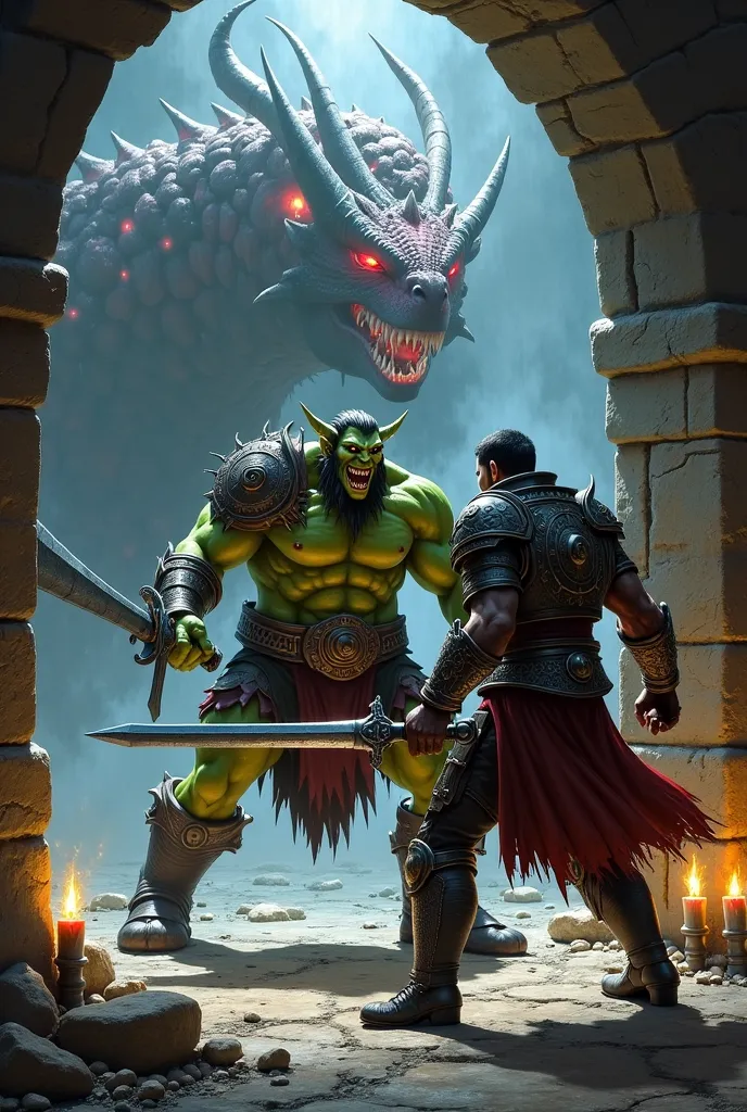 A fierce battle unfolds in a dimly lit dungeon. An orc wields a sharp sword, his grip firm as he lunges at a human warrior. The warrior, clad in shining armor, defends fiercely, his back to the wall. A dragon-like creature lies in wait, its red scales glow...