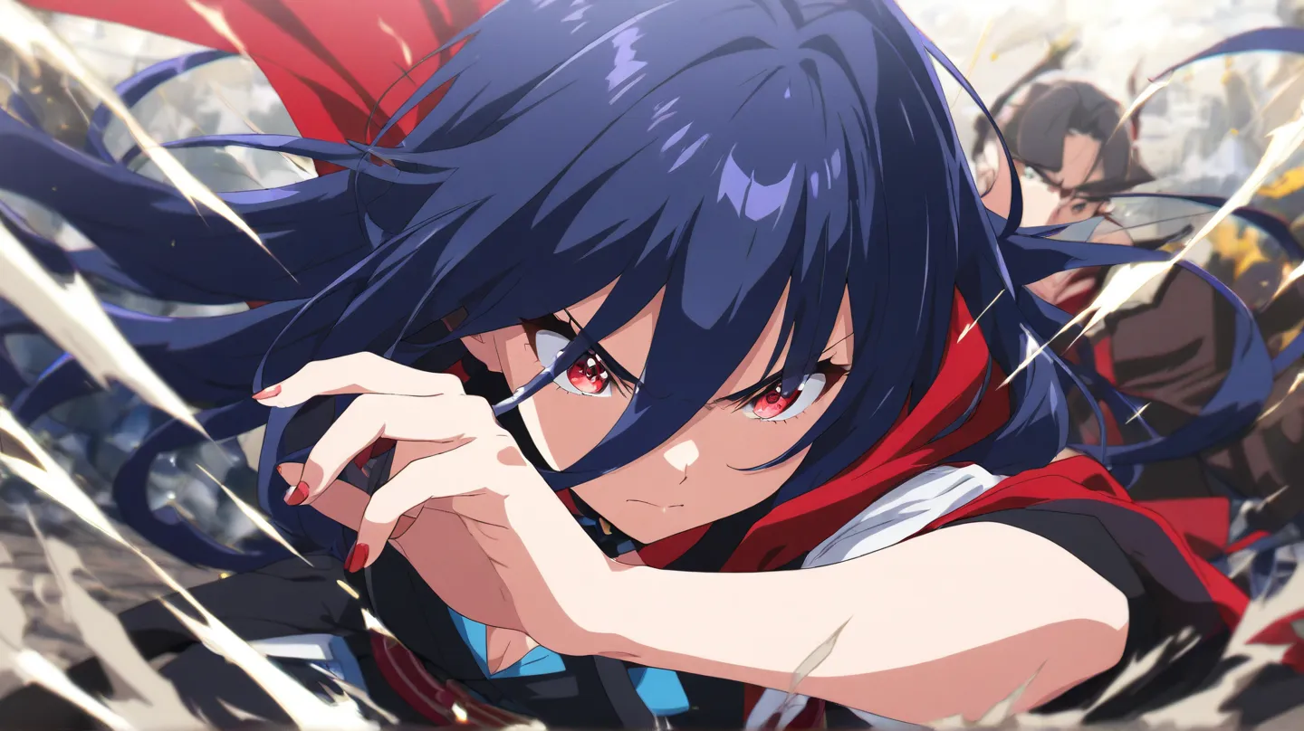 An anime girl s, with dark blue hair, red eyes, freedom, battle