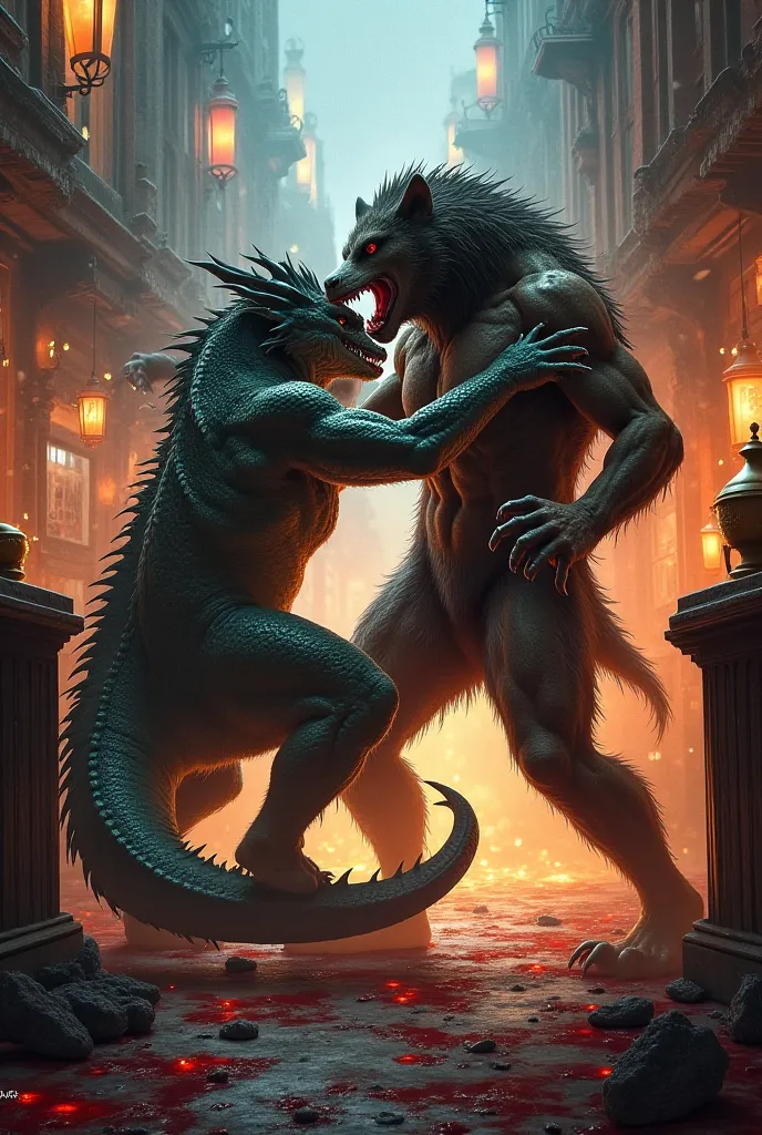 Fight in a bar between a dragon and a werewolf