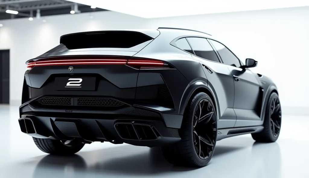 An ultra-realistic image of the left side view end of a futuristic 2026.Lambo M5.SUV.The SUV features a large, imposing, and aerodynamic design with a glossy, black,color exterior.The back end has a wide, aggressive back with intricate black accents and a ...