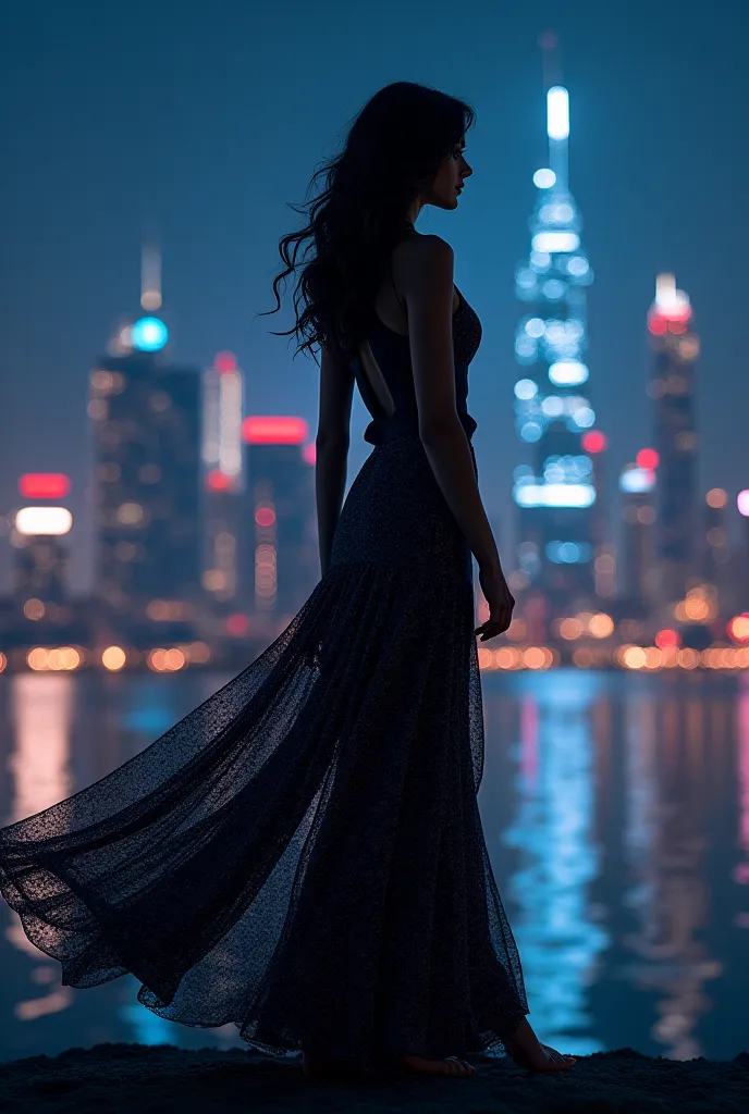 The flowing silhouette of the pants and blouse enhances the glamour of the nighttime skyline image