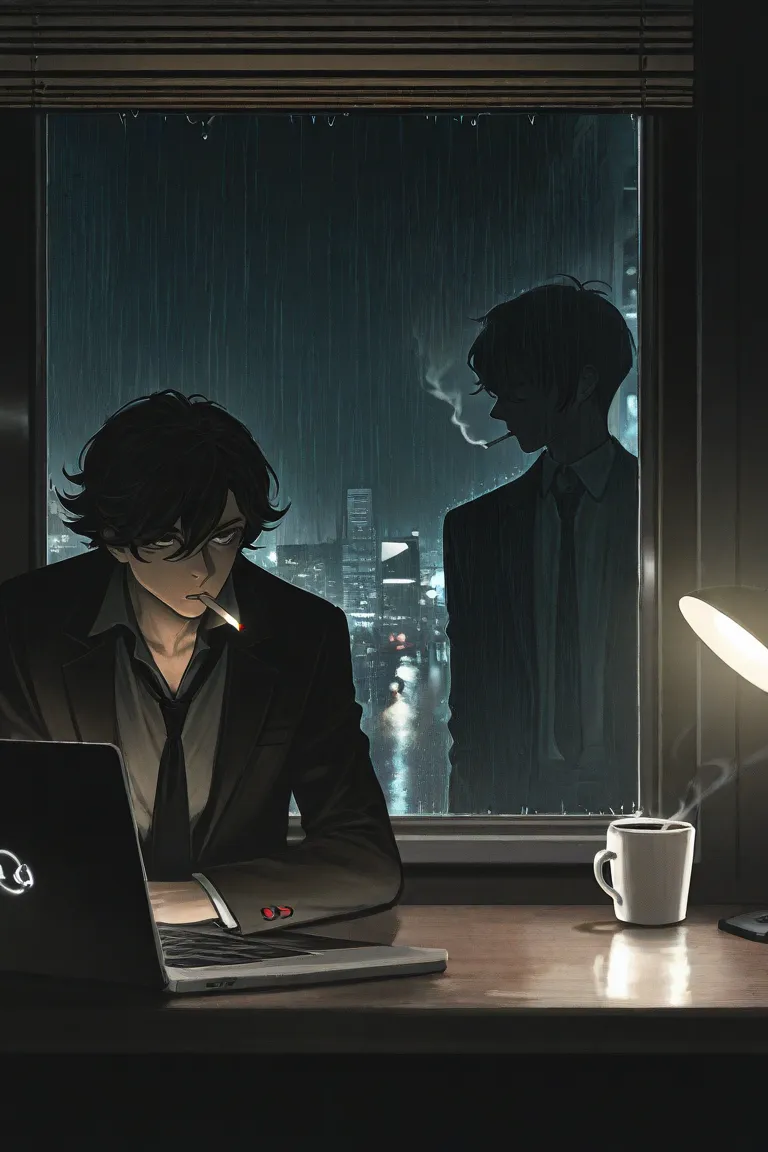 A male detective in a dark suit and loose tie sits in a small, dimly lit office.  her face half covered in shadow , only his sharp eyes are visible under the light of the desk lamp.  Cigarette smoke drifts in the air , creates a mysterious atmosphere. On t...