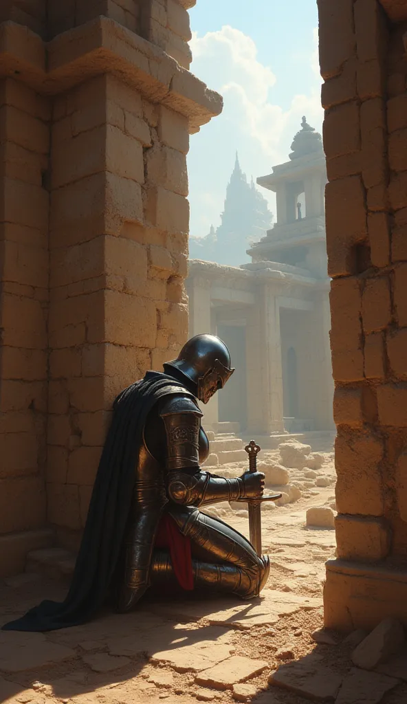 A photorealistic painting of a java ancient empire lone knight in full plate armor, kneeling in the ruins of a java ancient temple. The knight's head is bowed, and his hands rest on the hilt of his sharp sword. Crusader armour‚The scene is illuminated by a...