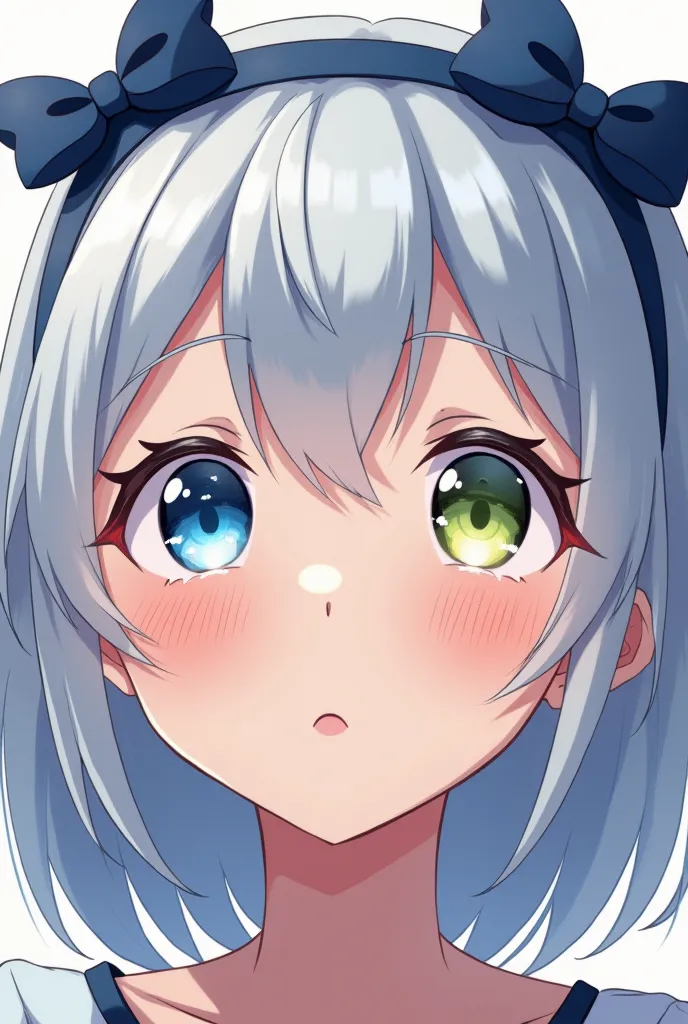 anime style, adult woman with light silver hair up to her shoulders with her left eye sky blue,And the right eye color Lemon Green, approximately 22 years old , She has a blushed face as if she were making a brilliant breakthrough,And she has a dark blue h...