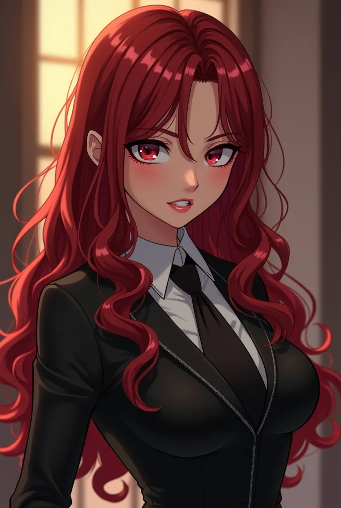 image of an adult anime-style girl with reddish hair, her hair is A little long , She is very sure of herself and has a mischievous smile...  she is Güera  . she's a bit rude.. he has muscles and his hair is wavy, similar to Chantel Dubois from the movie M...