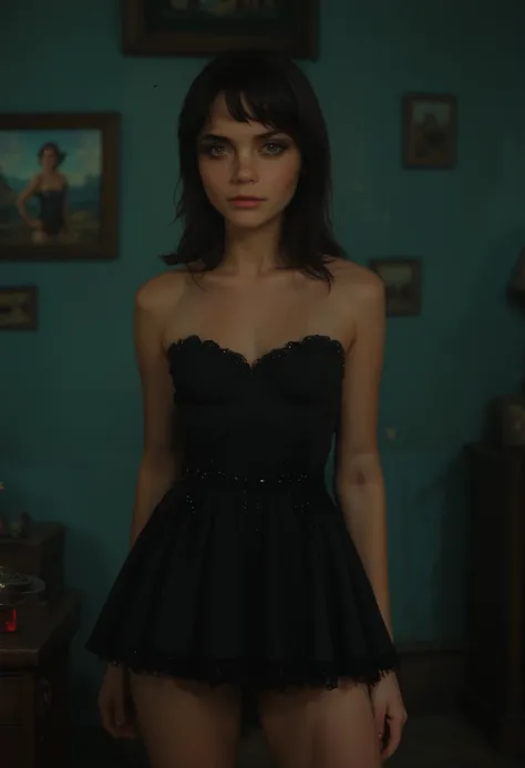 score_9, score_8_up, score_7_up, score_6_up, 16k, high detailed picture, realistic style, masterpiece, perfect absolutely small breasts, long straight hair, black hair, sexy gothic dress, microdress, tutu dress, cricci, accurate small nose, light skin, haz...