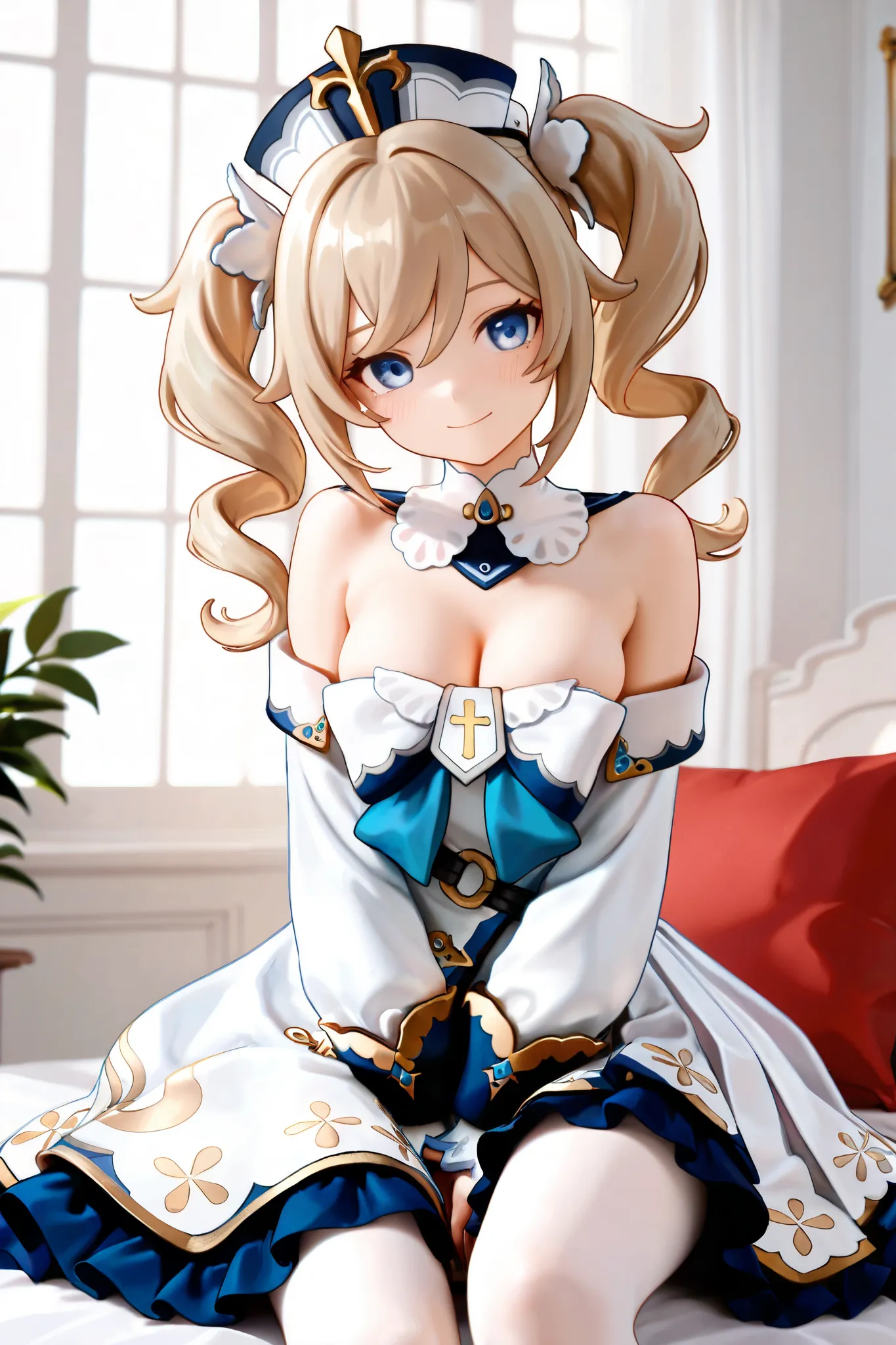 NSFW,masterpiece,top quality,high resolution,very detailed,Barbara( Genshin),twin tails、 Gold、blue eyes、long hair、drill hair、twin drill,hat、ribbon、白いhat、hair ornament、 shoulder out、Collarless、sleeveless、 Long Sleeve、white dress、white pantyhose、ruffle dress...