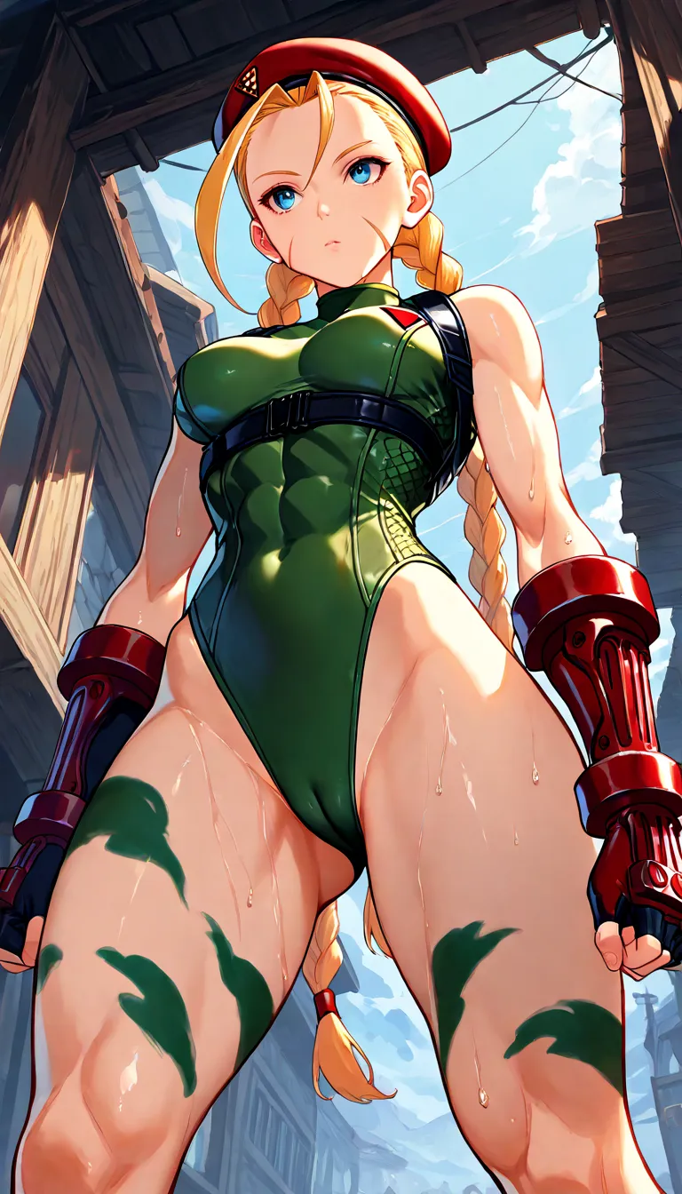 1 girl,Cammy White,alone,alone,Only one woman,GREEN LEOTARD,medium breasts,blonde hair,standing on outdoor,from below,((front style)),turn around,cowboy shot, angles above the knee,(small hip:1.5), wet, Trained Body ,slim body,Slim hip ,Vibrant High Kick,{...