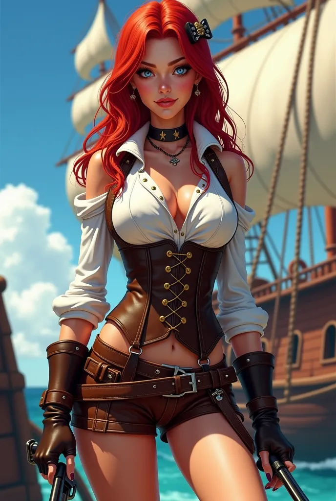 ( masterpiece ),  The best quality, expressive eyes,  perfect face , (pirate ship background), (Standing), ( ironic smile), ( seen in the foreground), (1 girl, Nami, light skin,  tanned skin, Redhead,  loose hair,  blue eyes , slim body,  big breasts, big ...