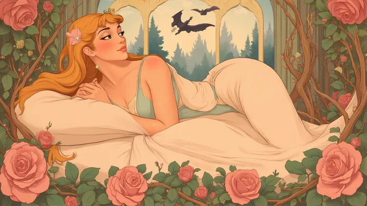 (Art Nouveau style), (Sleeping Beauty from Disney, lying in profile on a bed, her figure elegant and serene, exactly resembling the Disney version), (her long, golden hair cascades softly, and her hands rest gently on her chest), (the bed is ornate, with f...