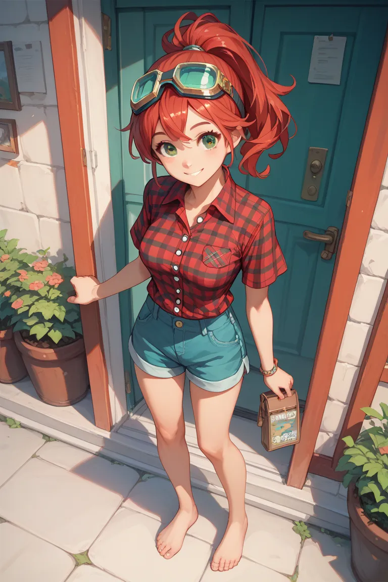 Anime, solo, 1girl, facing viewer, red hair, green eyes, ponytail, medium breasts, checked button-up shirt, shorts, tucked in shirt, barefoot, goggles on top of head, smiling, standing, cute, best quality, masterpiece.