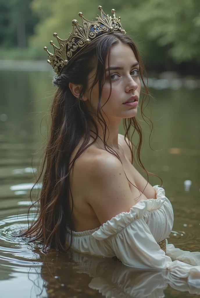 long hair russian girl, nacked, no cloths , beathing in river bank, wet hair, crown on the head, wearing custady belt, no cloths ,big breast.