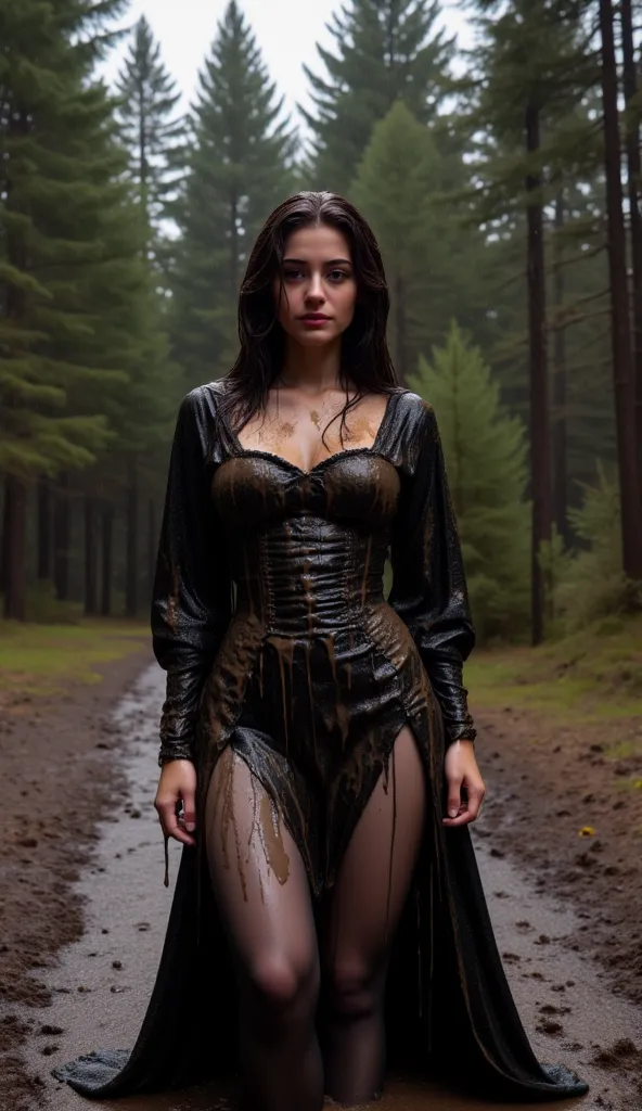 (DUSK, RAINSTORM, ((woman, Isabella, 20 years old, soaking wet, dark long hairs, mud spreads all over her, ))(Long Gothic Dress, covered in mud, mud soaked, soaking wet, mud covered, )(pantyhose, black, soaking wet,) PINE FOREST,