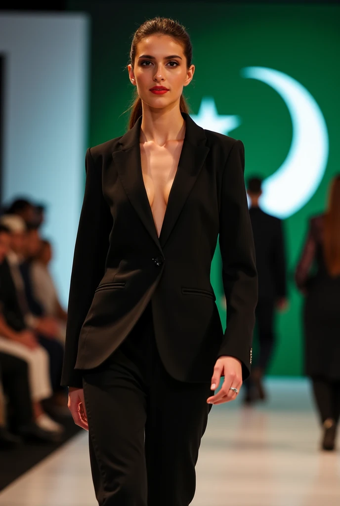 a beautiful young elegant tallest girl in black blazer over black pent modelling show in peshawar and back side put Pakistan flag 