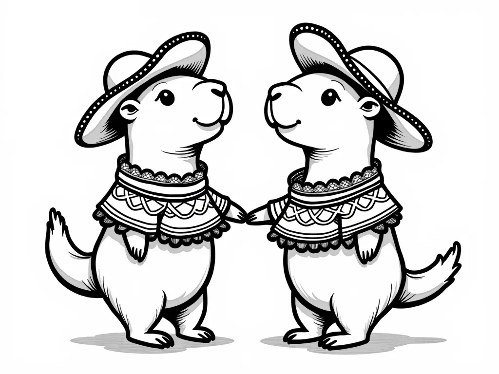 ANIMATED IMAGE OF TWO CUTE CAPYBARAS DANCING AS A COUPLE IN TRADITIONAL PERUVIAN COSTUMES LOOKING HAPPILY AHEAD. IN WHITE, ONLY THE LINE IS BLACK. IMAGE MADE TO BE PRINTABLE AND COLORED.