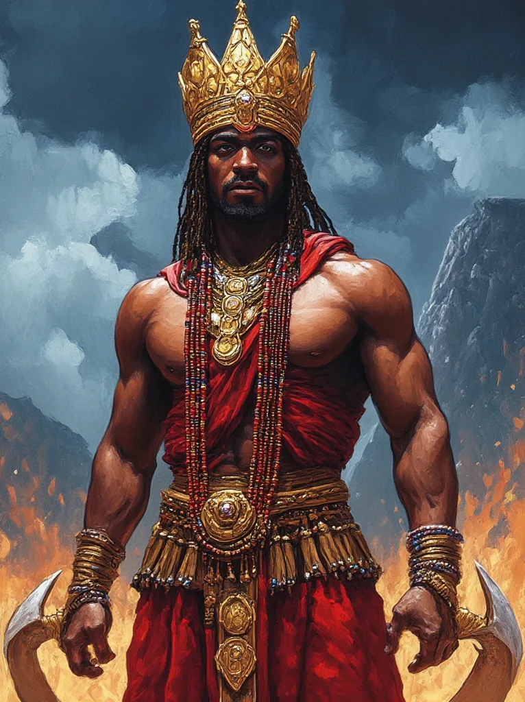 Giant mountain, an African warrior man in front of the mountain, Focus on the mountain , epic atmosphere. muscular man, wears traditional costumes in deep red, adorned with beads and sacred jewels. His imposing crown shines with golden details, and his gaz...