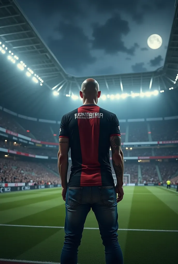 A 35 year badass man, complete bald, long white well-groomed beard, stands in jeans and Eintracht Frankfurt jersey, in the Deutsche Bank Arena in Frankfurt, dark, moon.