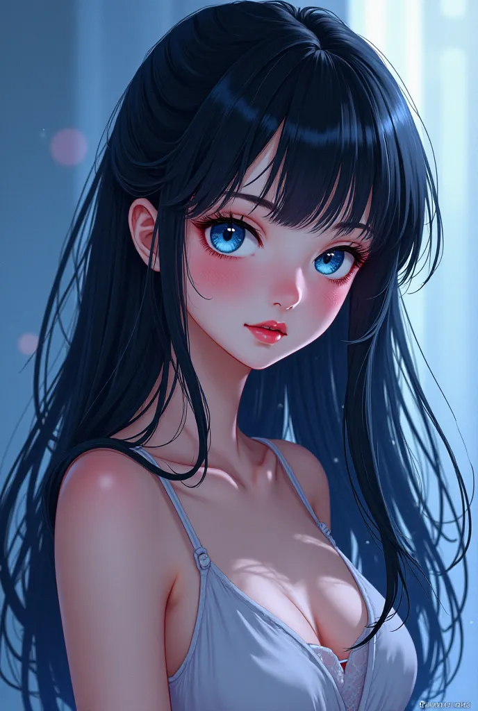 Manhua style mature girl that has clear blue eyes like gojo satoru but long shiny black hair. Slender figure like a supermodel, big doe eyes, milky white skin, apple red cheeks and naturally red lips.