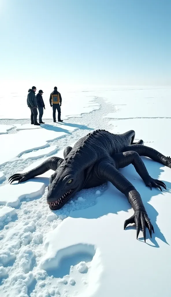 In the vast and deserted Antarctic, three explorers observe from a safe distance a grotesque and humanoid monster, approximately 5 meters high, that lies on the ground with its body covered in black and viscous scales. The creature has several eyes along i...