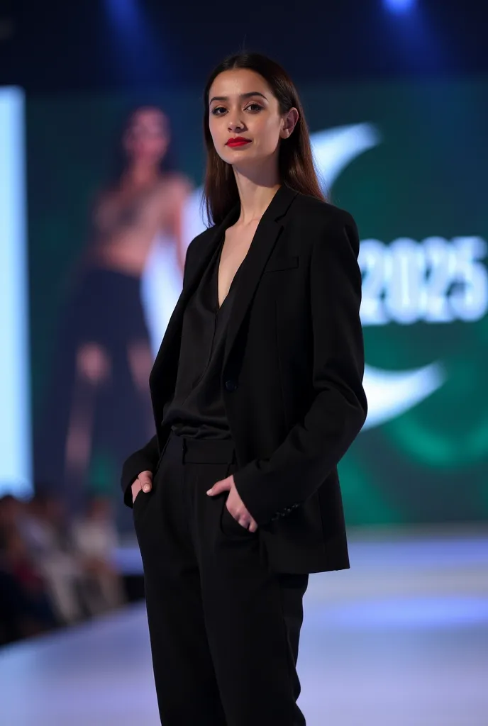 a beautiful young elegant tallest girl in black blazer over black blouse  with black pent modelling show in peshawar and back side put Pakistan flag and write 2025 on screen backside 