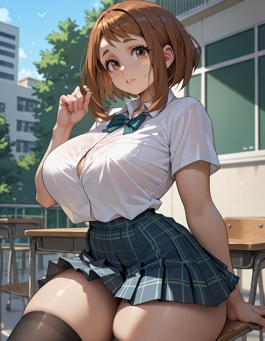 Ochako uraraka ,big breasts, thick thighs, white school shirt, black plaid skirt,black tights,