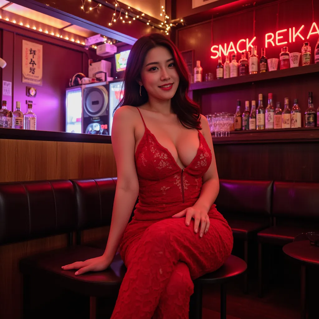 A stunning woman with a charming smile sits elegantly at the counter of ‘SNACK REIKA,’ a retro-modern Japanese snack bar. She wears an elegant red lace dress that highlights her voluptuous and well-endowed figure, exuding warmth, sophistication, and allure...