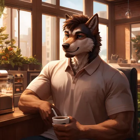 masterpiece,High quality,theme super detailed,Realistic,detailed eyes, light terracotta brown Siberian Husky and shades of beige muscular male, simple and muscular body, small muscular physique, body parts with light terracotta brown fur and parts with bei...